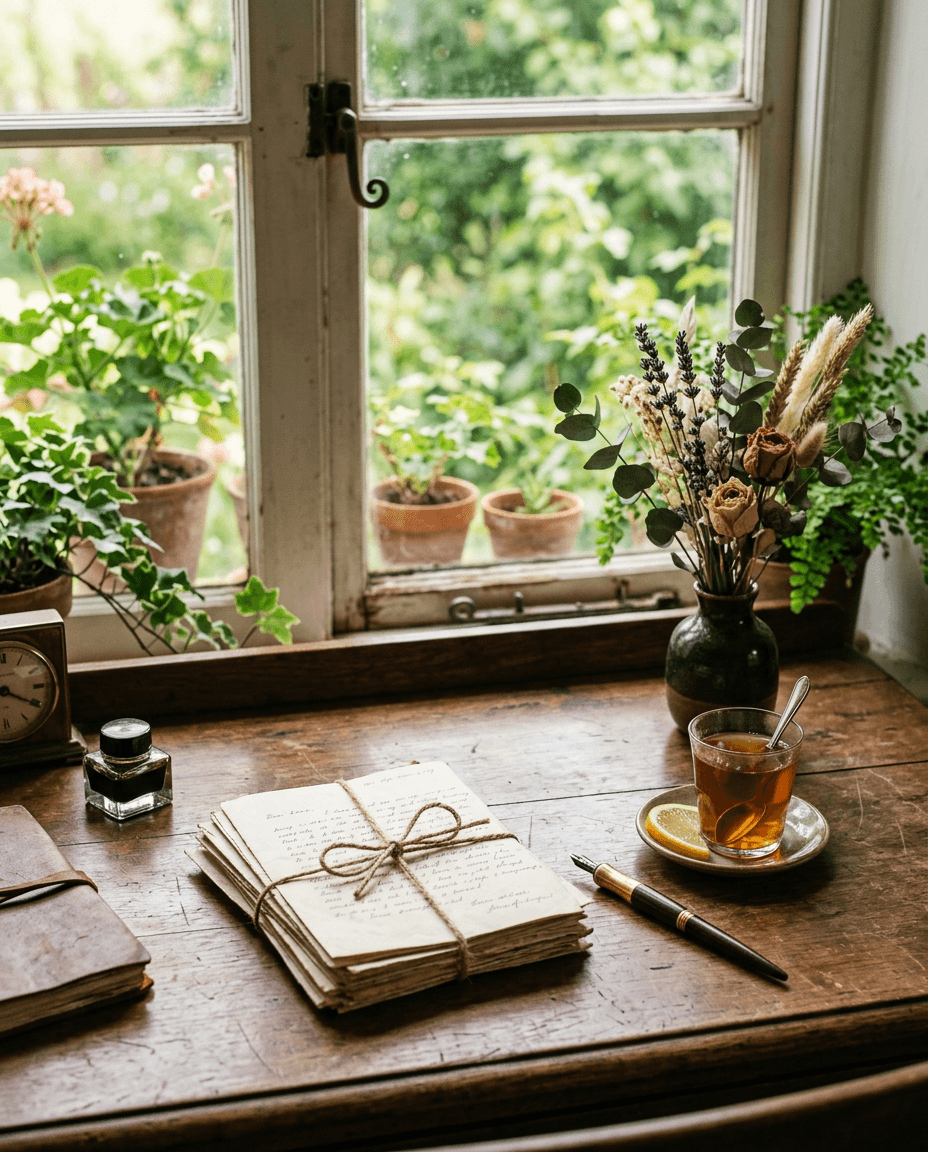 A writing desk with a handwritten letter, dried herbs and a cup of tea in soft window light