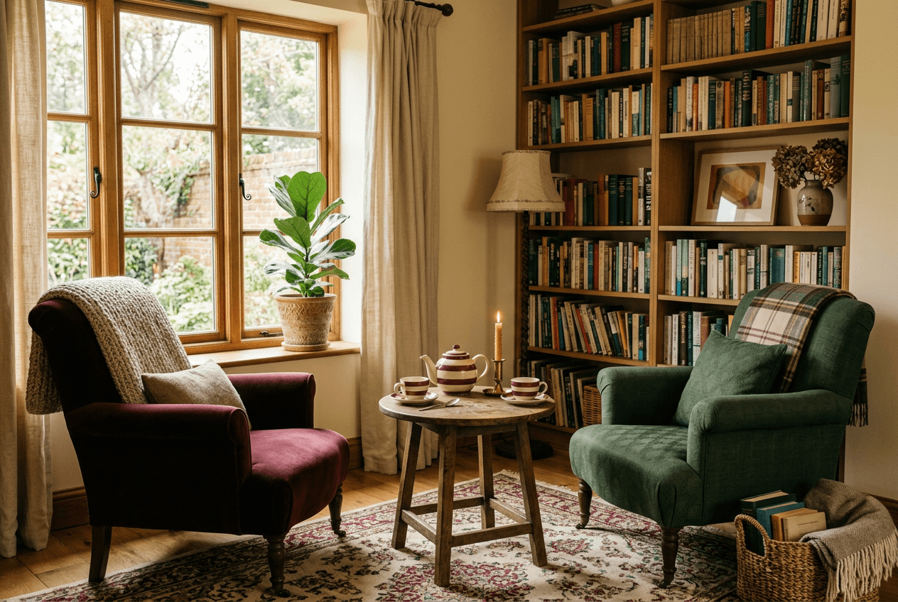 Two chairs, a pot of tea and a notebook beside a sunlit window