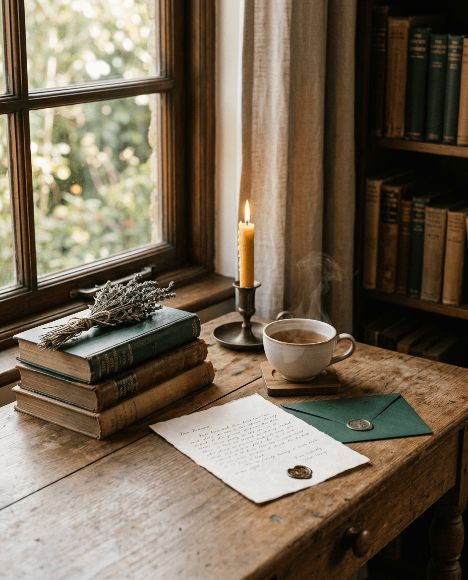 A handwritten letter beside a forest-green envelope, a ceramic tea cup, botanical sprigs, worn books and a candle on a wooden desk by a softly lit window
